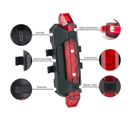 Lampe Arrière USB 5 LEDS tout type de vélo